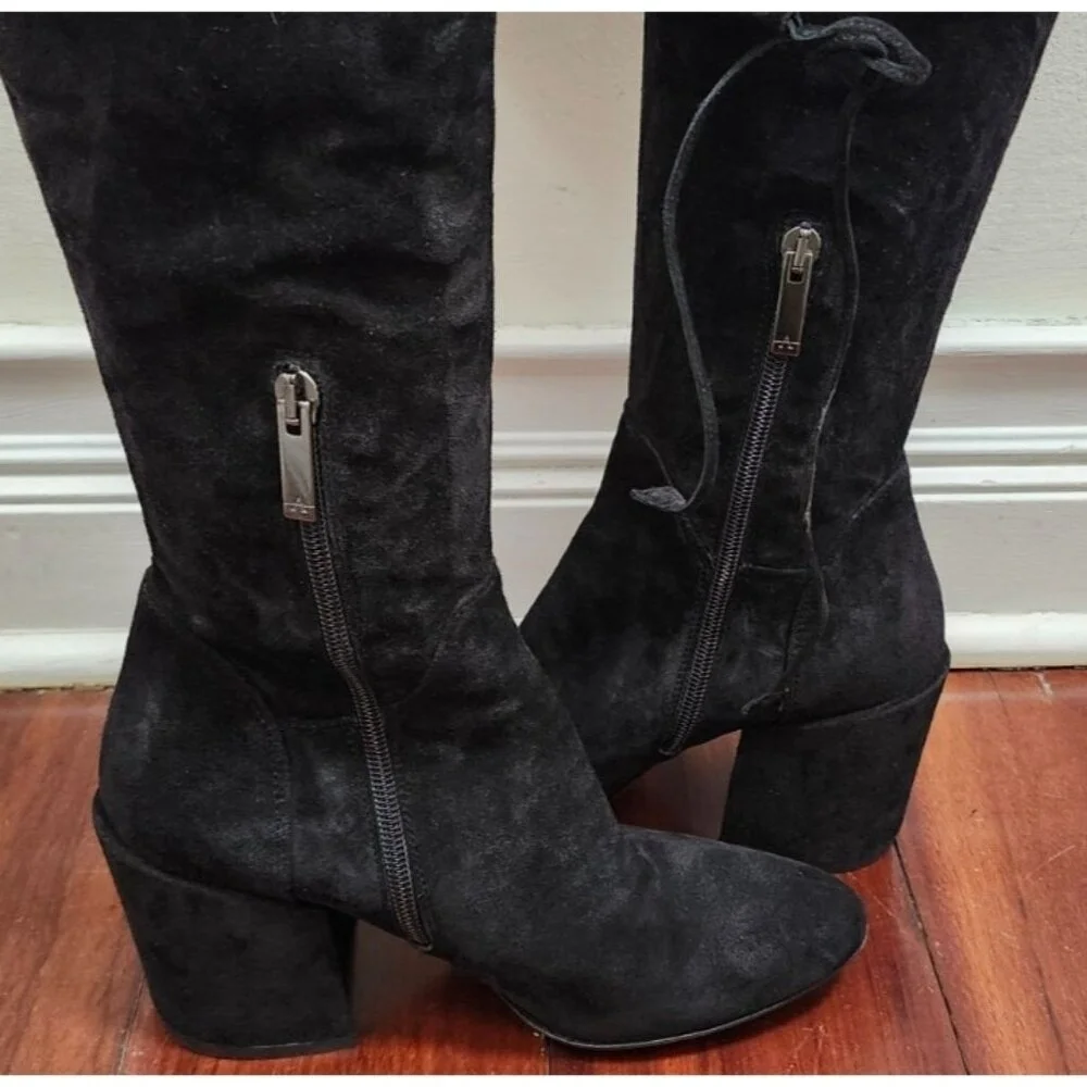 Aquatalia Women’s 6 Black Suede Over The Knee Boots Made in Italy Block Heel Tie